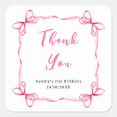 Roze Coquette Ribbon Verjaardagsfeest Dank u Vierkante Sticker (Voorkant)