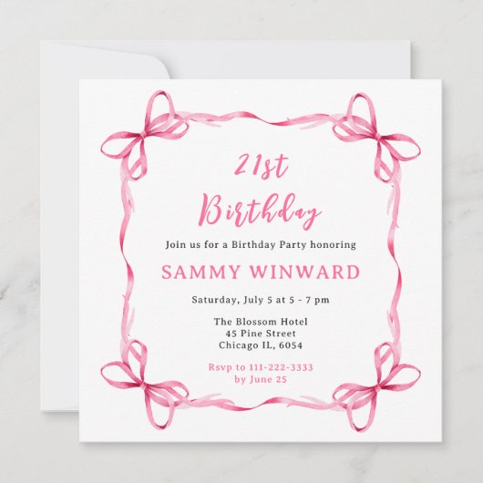 Roze Coquette Ribbon verjaardagsfeestje Kaart (Voorkant)