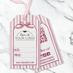 Roze Coquette Strepen & Strik Handgetekend Uw Logo Cadeaulabel
