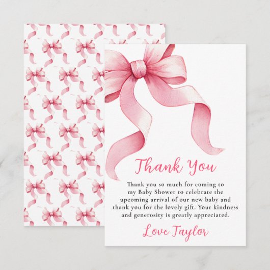 Roze Coquette Strik Baby Shower Bedankkaart (Voorkant / Achterkant)