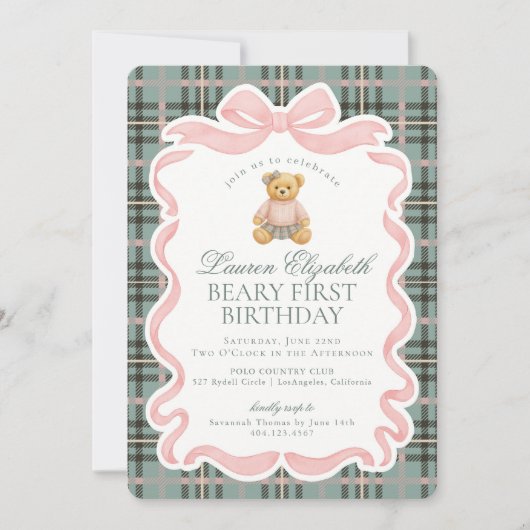 Roze Coquette Strik Beerbear Eerste Verjaardag Kaart (Voorkant)