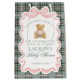 Roze Coquette Strik Beren Plaid Baby Shower Favore Medium Cadeauzakje