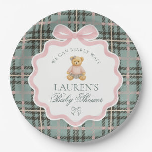 Roze Coquette Strik Beren Plaid Baby Shower  Papieren Bordje