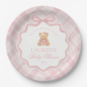 Roze Coquette Strik Beren Plaid Baby Shower  Papieren Bordje