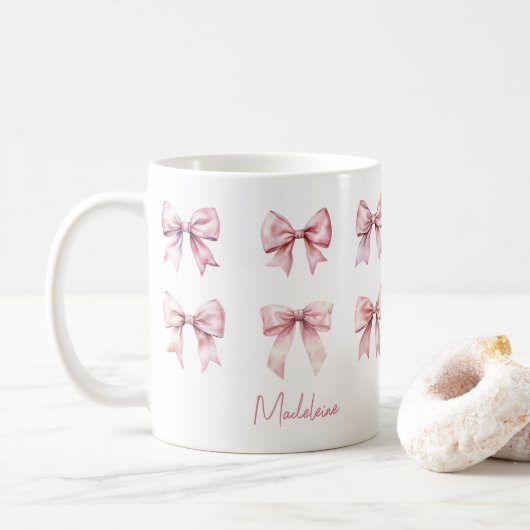 Roze Coquette Strik Custom Naam Koffiemok (Met donut)