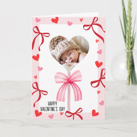 Roze Coquette Strik en Lollyfoto, Valentijnsdag Kaart (Voorkant)