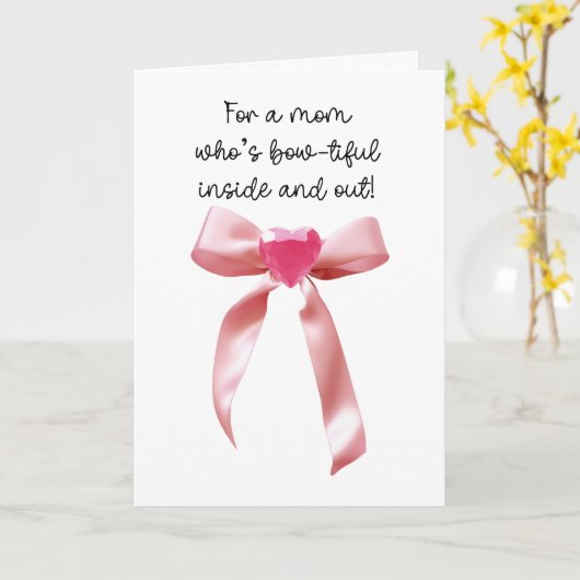 Roze Coquette Strik Hart Edelsteen Moeder Kaart (Gele Bloem)