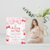 Roze Coquette Strik Kers Op De Top Baby Shower Fot Kaart (Staand voorkant)