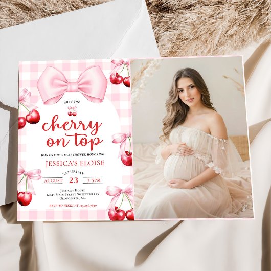 Roze Coquette Strik Kers Op De Top Baby Shower Fot Kaart