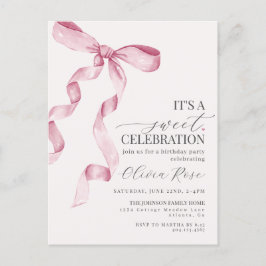 Roze Coquette Strik Meisje Verjaardagsfeest Uitnod Briefkaart