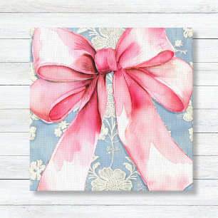 Roze Coquette Strik op Blauwe Ivoren Kant Canvas Afdruk