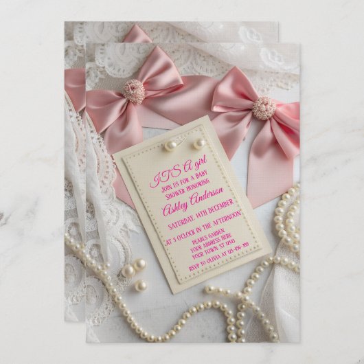 Roze Coquette Strik Parel Elegant Lint Feest Kaart (Voorkant / Achterkant)