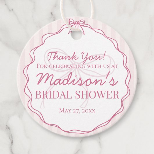 Roze Coquette Strik Pastel Gestreepte Bruidsdouche Bedankjes Labels (Voorkant)