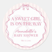 Roze Coquette Strik Pastelkleurige Baby Shower Uit Ronde Sticker (Voorkant)
