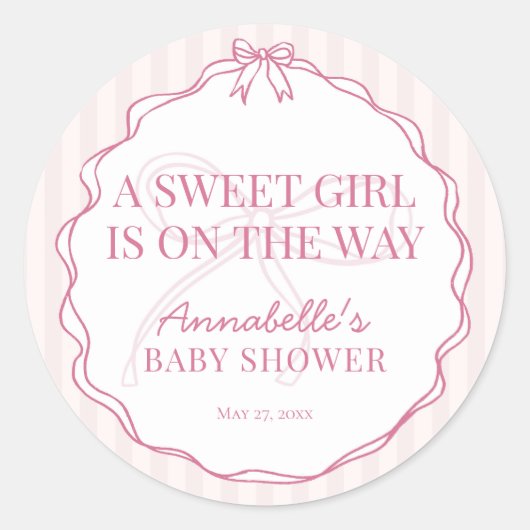 Roze Coquette Strik Pastelkleurige Baby Shower Uit Ronde Sticker (Voorkant)