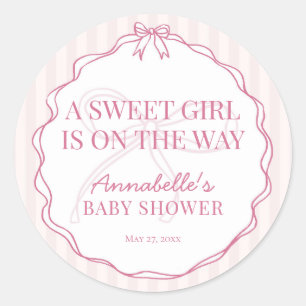 Roze Coquette Strik Pastelkleurige Baby Shower Uit Ronde Sticker