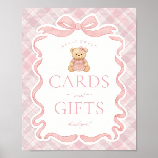 Roze Coquette Strik Roze Beer Plaid Kaarten & Cade Poster (Voorkant)