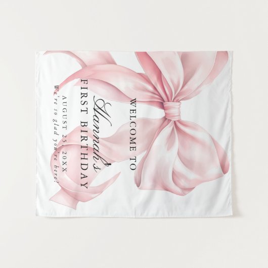 Roze Coquette Strik Verjaardagsfeest Welkomstbord Wandkleed (Voorkant (horizontaal))