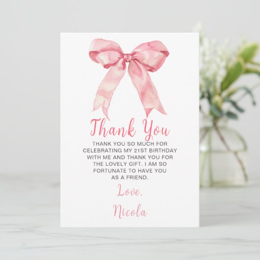 Roze Coquette Strik Verjaardagsfeestje Bedankkaart (Staand voorkant)