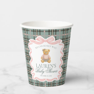 Roze Coquette Strikbeer Schotse Plaid Baby Shower Papieren Bekers