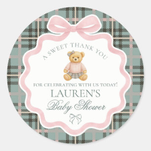 Roze Coquette Strikbeer Schotse Ruit Baby Shower F Ronde Sticker