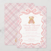 Roze Coquette Strikje Beer Beary Eerste Verjaardag Kaart (Voorkant / Achterkant)