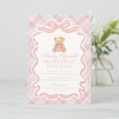 Roze Coquette Strikje Beer Beary Eerste Verjaardag Kaart (Staand voorkant)