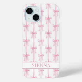 Roze Coquette Strikjes Gestreept Met Initialen iPhone 15 Case