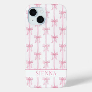 Roze Coquette Strikjes Gestreept Met Initialen iPhone 15 Case