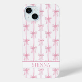 Roze Coquette Strikjes Gestreept Met Initialen iPhone 15 Mini Hoesje