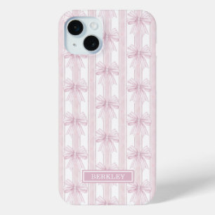 Roze Coquette Strikjes op Strepen met Initialen iPhone 15 Mini Hoesje