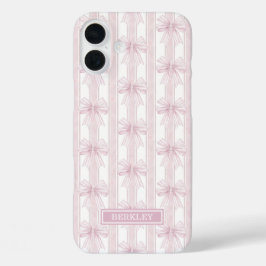 Roze Coquette Strikjes op Strepen met Initialen iPhone 16 Plus Hoesje