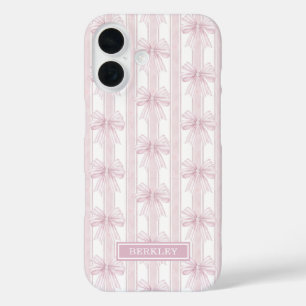 Roze Coquette Strikjes op Strepen met Monogram iPhone 16 Hoesje