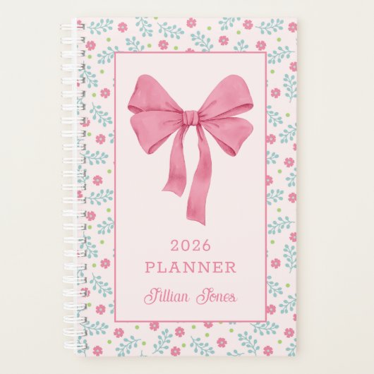 Roze Coquette Strikte Bloemmotief Aangepaste Naam Planner (Voorkant)