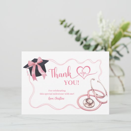 Roze Coquette Verpleegster Afstudeer Dankkaart Informatiekaartje (Staand voorkant)