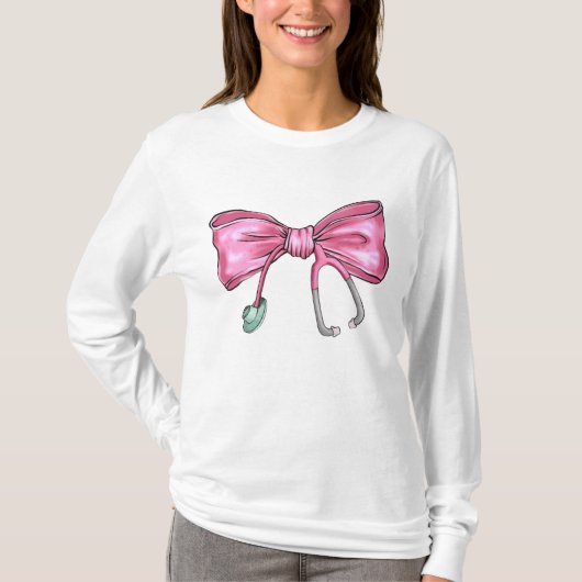 Roze Coquette Verpleegster Stethoscoop Boog T-shirt (Voorkant)