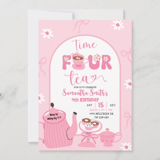 Roze Coquette Whimsical Retro Tea 4e verjaardag Kaart (Voorkant)