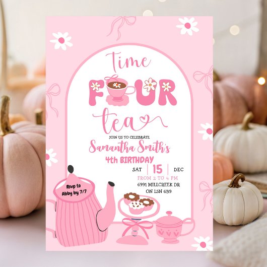 Roze Coquette Whimsical Retro Tea 4e verjaardag Kaart