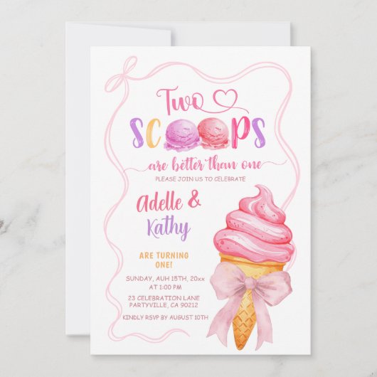 Roze Coquette Zomer Ice Cream Twins Verjaardag Kaart (Voorkant)