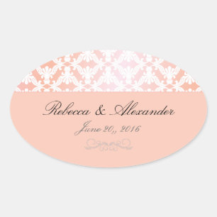 Roze & Coral Damask bruiloft Ovale Sticker