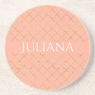 Roze Coral Gold Quatrefoil, speciaal gepersonalis Zandsteen Onderzetter