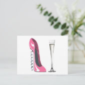 Roze Corkschroef Stiletto Shoe en Champagne Flute Briefkaart (Staand voorkant)