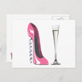 Roze Corkschroef Stiletto Shoe en Champagne Flute Briefkaart (Voorkant / Achterkant)