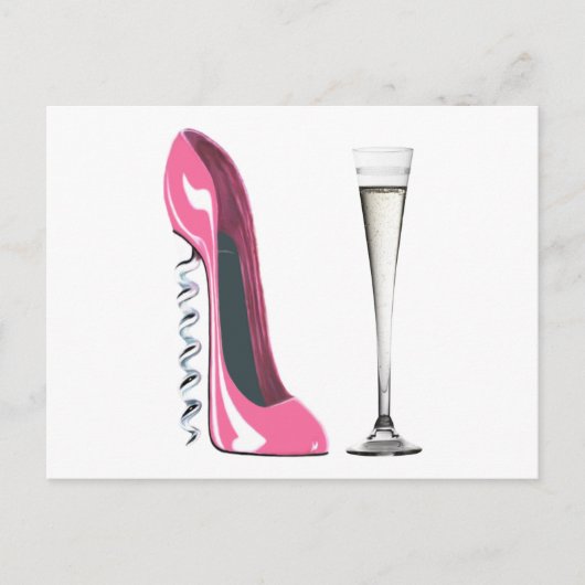 Roze Corkschroef Stiletto Shoe en Champagne Flute Briefkaart (Voorkant)