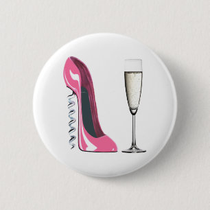 Roze Corkschroef Stiletto Shoe en Champagne Glass Ronde Button 5,7 Cm