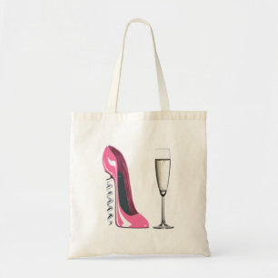 Roze Corkschroef Stiletto Shoe en Champagne Glass Tote Bag