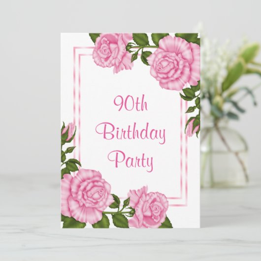  Roze Corner Bouquets 90th Birthday Kaart (Staand voorkant)