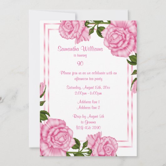  Roze Corner Bouquets 90th Birthday Kaart (Achterkant)