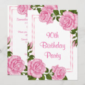  Roze Corner Bouquets 90th Birthday Kaart (Voorkant / Achterkant)