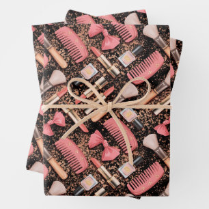Roze Cosmetica Patroon Glitter  Inpakpapier Vel